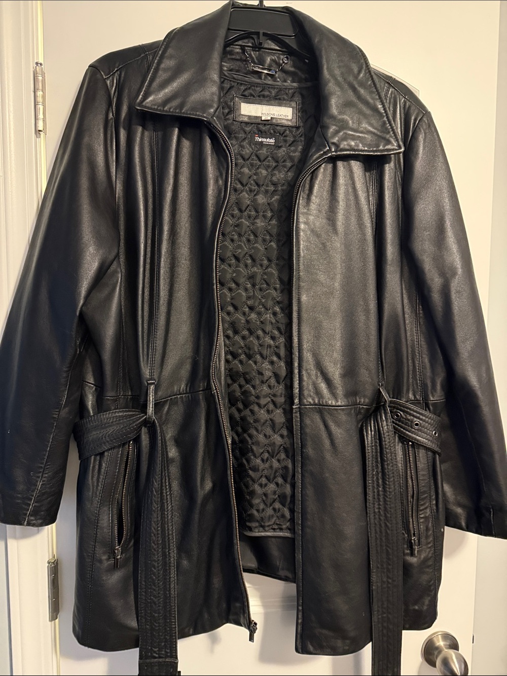 Wilsons Leather Black Quilted-Lined Leather Trench with Belt